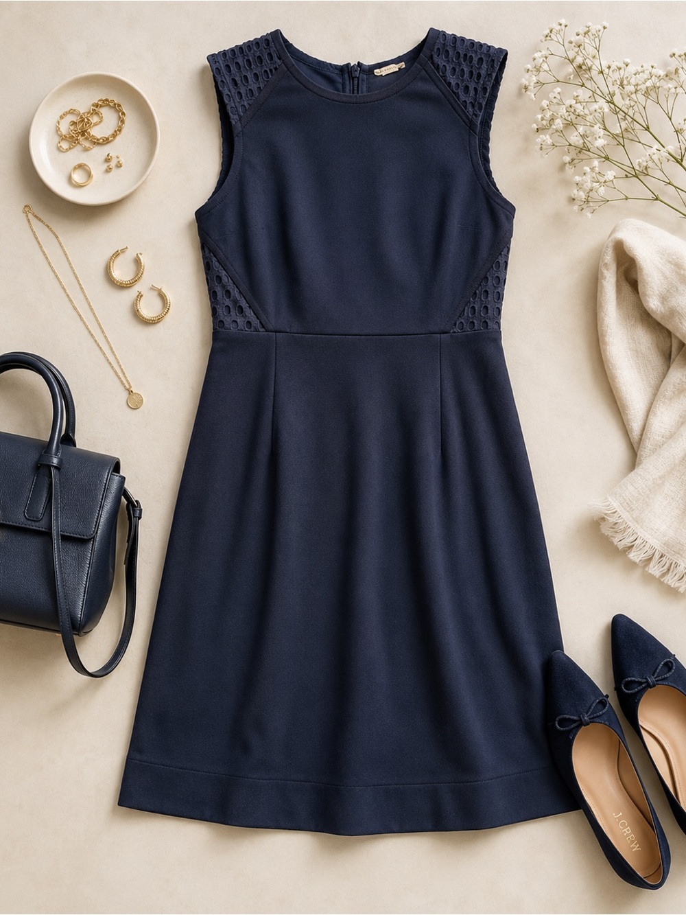 J. Crew Navy Sleeveless Fit-and-Flare Dress with Eyelet Side Panels size 4